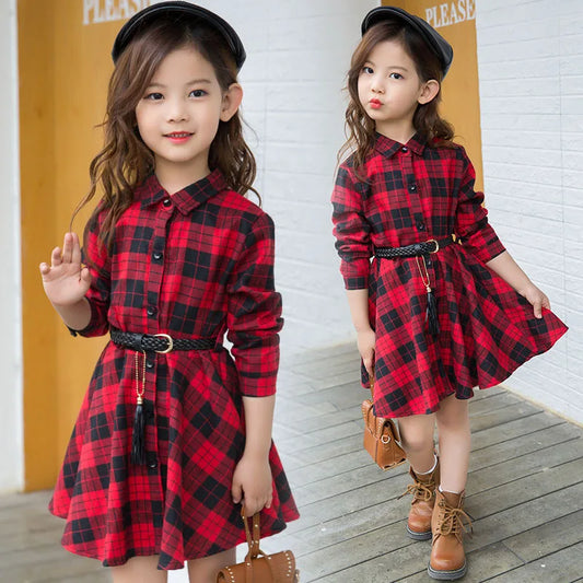 2020elegant girl casual long-sleeved plaid shirt dress with belt fashion blouse shirt dress 4 5 6 7 8 9 10 11 12 13 years