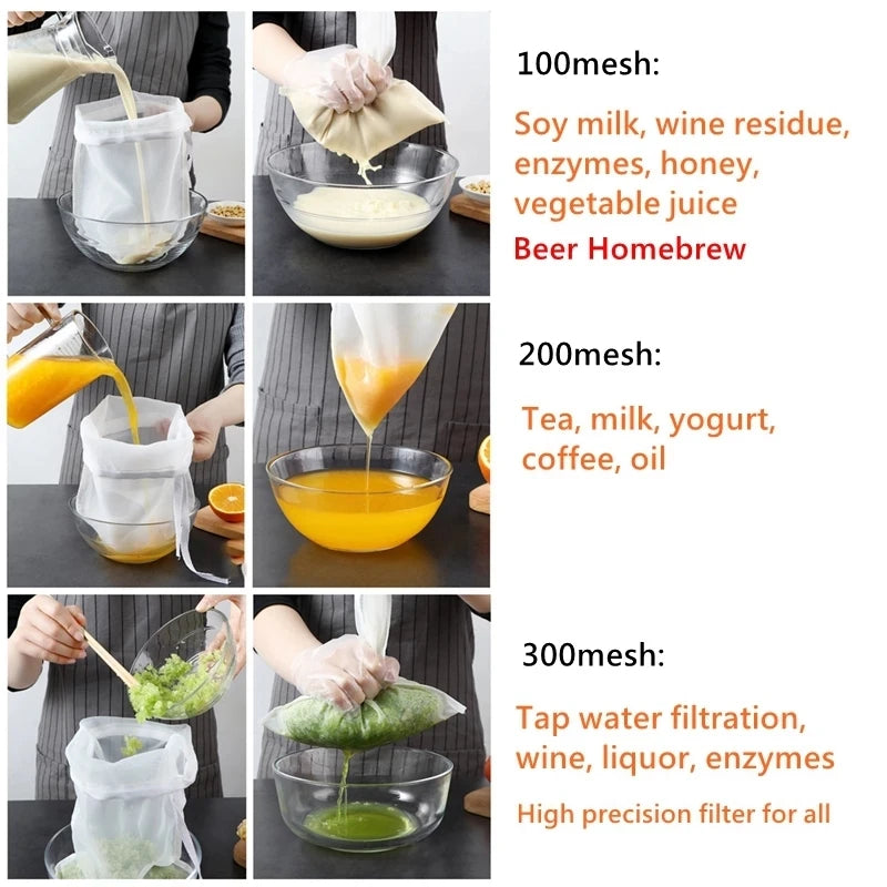 100/200/300 Mesh Filter Squeeze Water Bag Nut Milk Net Yogurt Tea Beer Coffee Food Filter Strainers Mesh Kitchen Strainer Bags