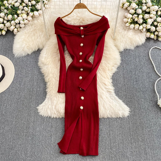 YuooMuoo Ins Fashion Women Christmas Red Party Dress High Waist Off Shoulders Long Sleeve Front Split Knitted Dress Bodycon Robe