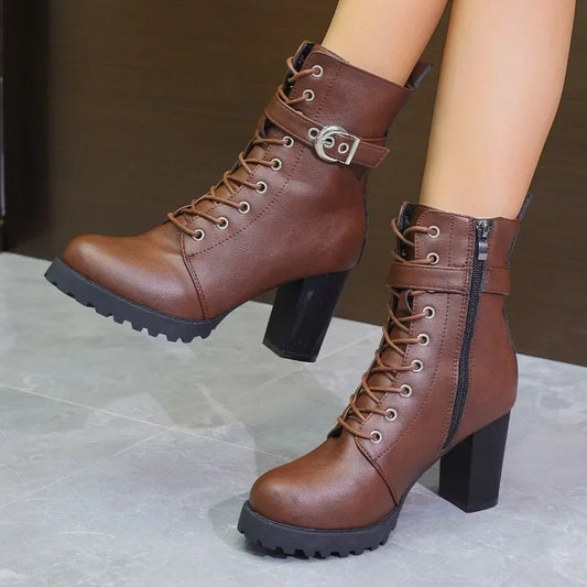 2023 Hot Sale Ladies Shoes Lace Up Zipper Women's Boots Winter Round Toe Solid Ankle Boots High Heels Water Proof Fashion Boots