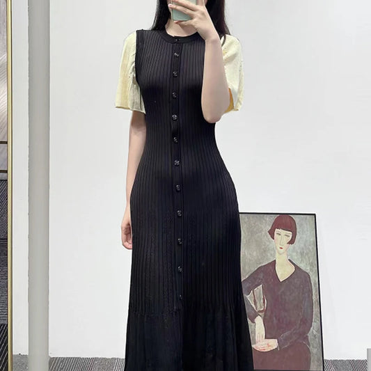 YuooMuoo Brand Fashion Knitted Long Dress Women French Style Flare Sleeve Letter Buttons Elegant Sweater Dress Lady Party Dress